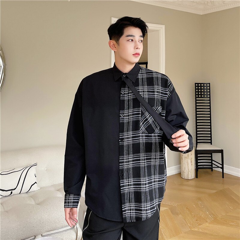 Men Tie Plaid Splice Loose Casual Long Sleeve Shirt Man Streetwear Vintage Dress Shirts Male