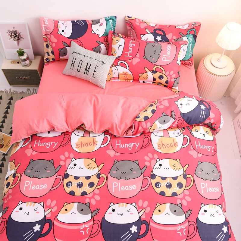 Rode Cartoon Kat Dekbedovertrek Kussensloop 3Pcs 220 × 240, Dekbedovertrek 200 × 230, dubbele Koningin Koning Beddengoed Sets, Rood Blad, Bed Cover