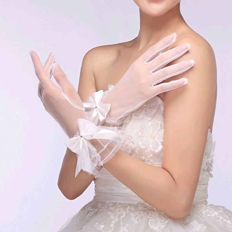 Bruid Handschoenen Gaas Boog-Knoop Met Vingers Korte Witte Handschoen Trouwjurk Accessoires Foto Props