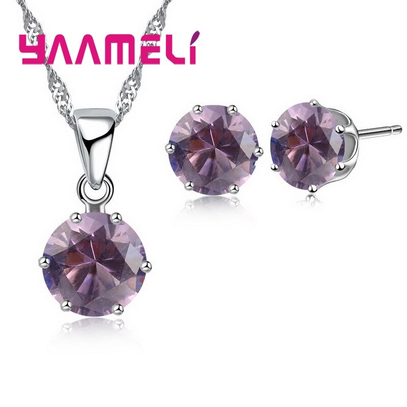 925 Sterling Zilveren Bruids Bruiloft Sieraden Sets Voor Vrouwen Engagement Crystal Hanger Ketting Oorbellen Set: purple