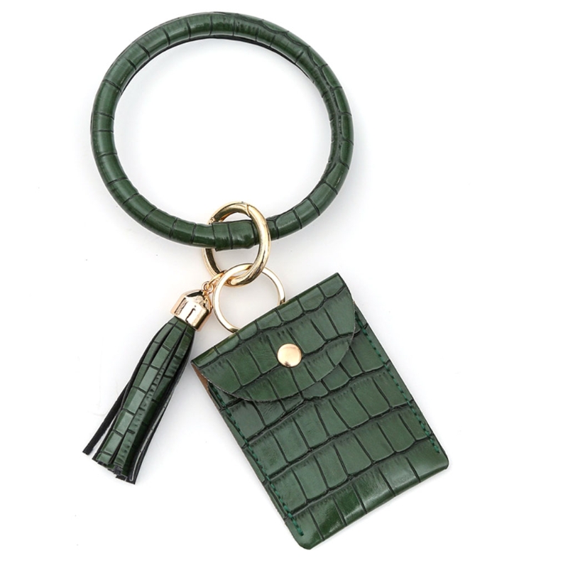 H3CB Sleutelhanger Armband Polsbandje Bangle Key Kaarthouder Grote Ronde Sleutelhanger Lederen Kwastje Voor Vrouwen Meisjes Met Portemonnee: green