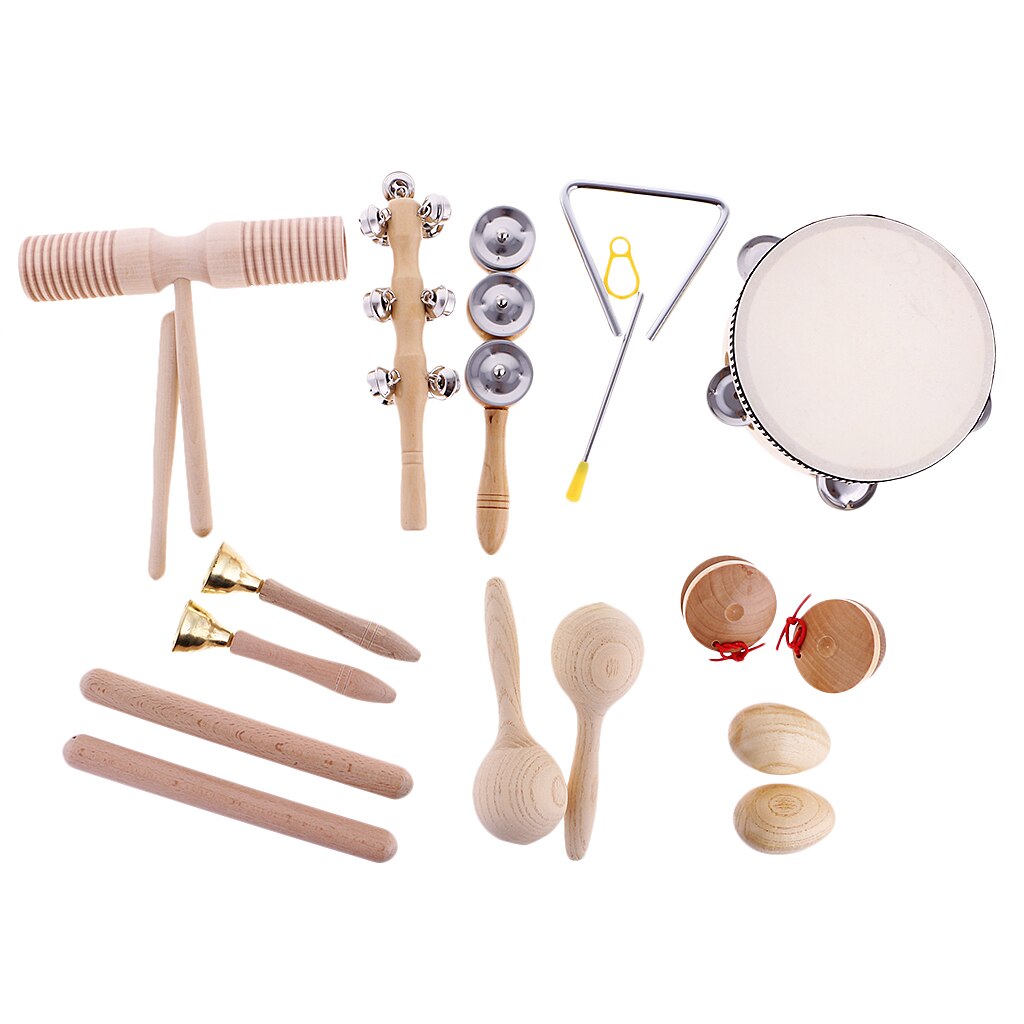 Kids Wood Hand Percussion Instrument Set Sand Maraca Shaker Tambourine Drum