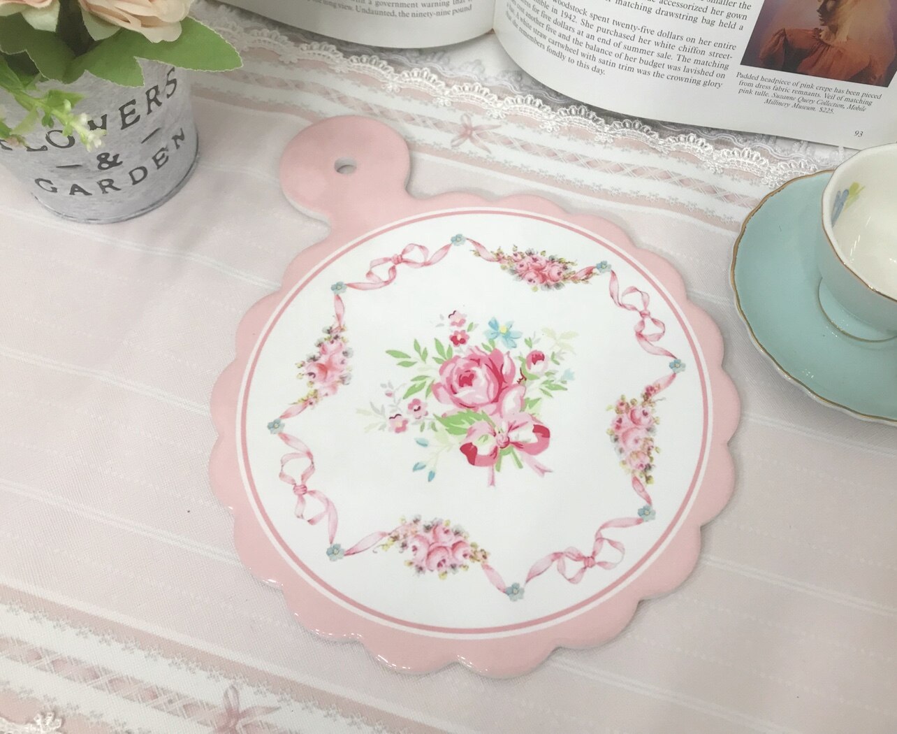 Ranskalainen keraaminen tabletti pinkki painatus lasinalta kulhomatto kodin ruokapöydän sisustus pöytämatot palamisen estävät pöytämatot pieni lasinalus: Musta
