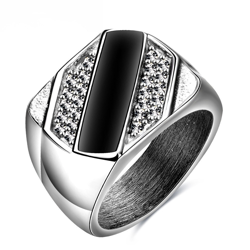 FDLK-Anillo de boda con diamantes de imitación para hombre, joyería masculina de buena , Color plateado, esmalte de imitación negro, talla clásica 6-11