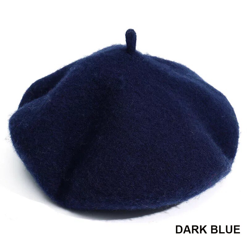 Women Girl Beret French Artist Warm Wool Winter Beanie Hat Cap Vintage Plain Beret Hats Solid Color Lady Winter Caps: Dark blue