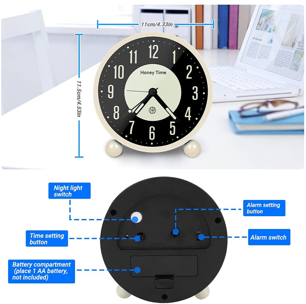 Luminous Analog Alarm Clock Silent Sweep Alarm Clock Non-Ticking Battery Powered Quartz Clock with Loud Alarm&amp;Nightlight