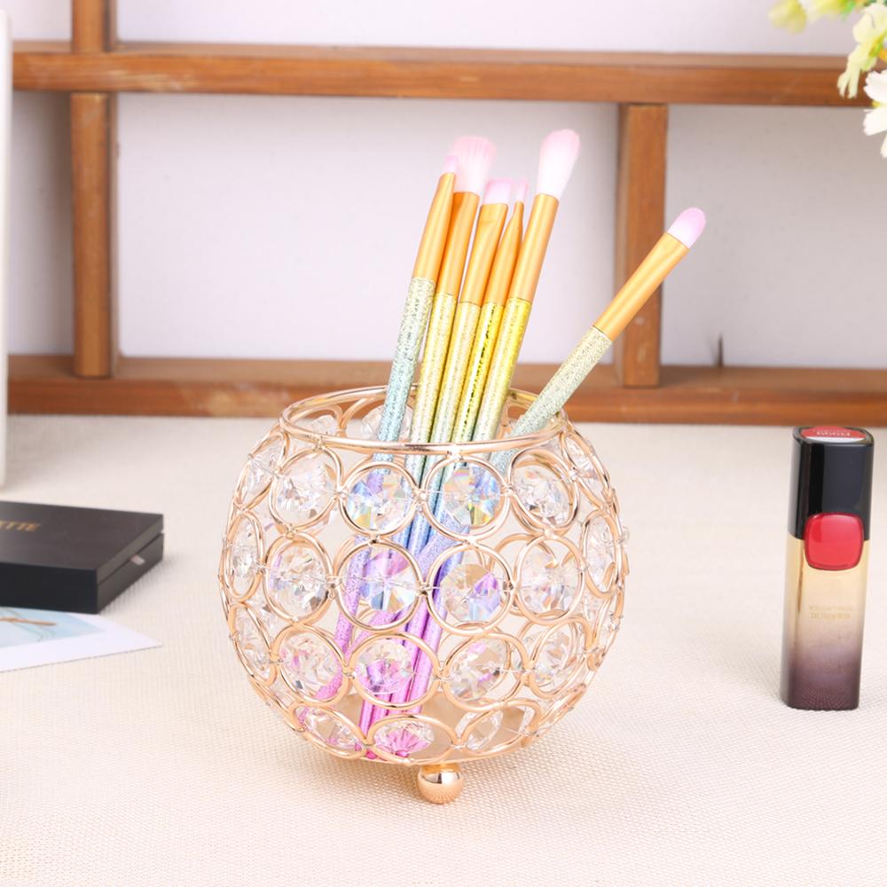 Crystal Makeup Organizer Metal Storage Box European style Eyebrow Pencil Lipstick Holder Makeup Brush Holder Cosmetic Organizer: F  10x9x9cm