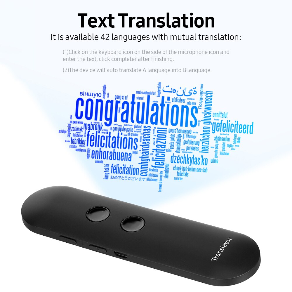 Language Translator Text/Photo/Voice Translation/Real-time Translation/42+ Languages/BT Translator with APP iOS&Android Black