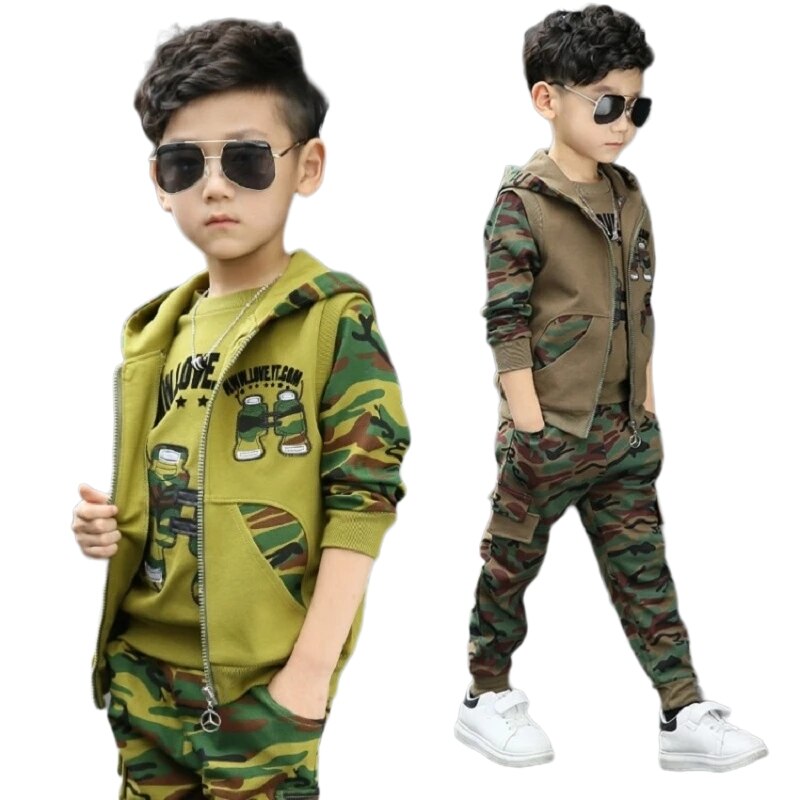 Conjunto de ropa de camuflaje para niños grandes, chaqueta con capucha, camiseta, pantalón, traje de 3, 5, 6, 7, 8, 9, 10, 11, 12 años, 3 piezas, 2022