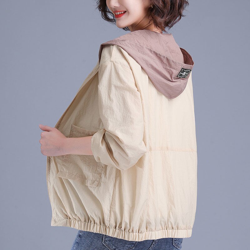 Jackor dam sommar chic patchwork huva koreansk solskydd kvinna jacka matchande tunna femme korta kappor oversize 5xl: Aprikos / Xxxl