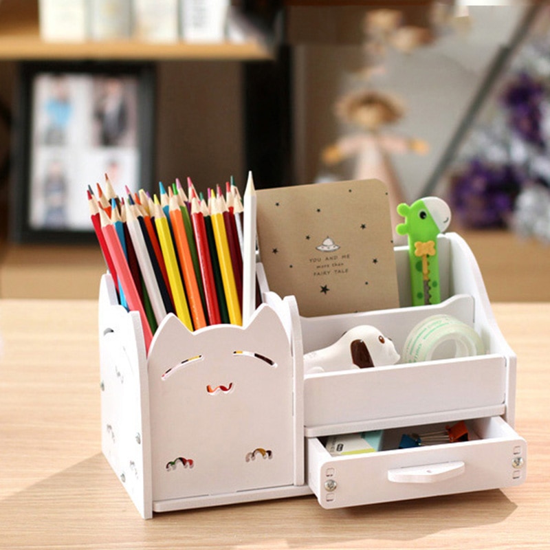 Organisateur de bureau en bois, porte-crayon, support de rangement