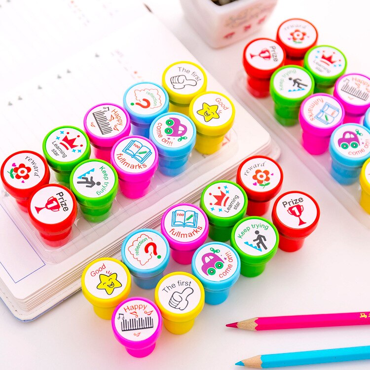 Sellos de reseñas para profesores de inglés, juego de sellos para álbum de recortes, artículos de papelería promocionales para premios de estudiantes, 10 unids/set por juego