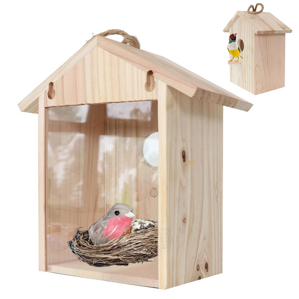 Wooden House Shape Bird Feeder Outdoor Hanging Birdhouse With Suction Cup One-way Mirror Sticker Garden Window Bird Nest