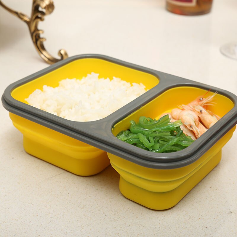 Compartment Food Container with Lid, Bento Lunch Box, Leak Proof, Microwave Safe, Silicone Collapsible Lunch Box