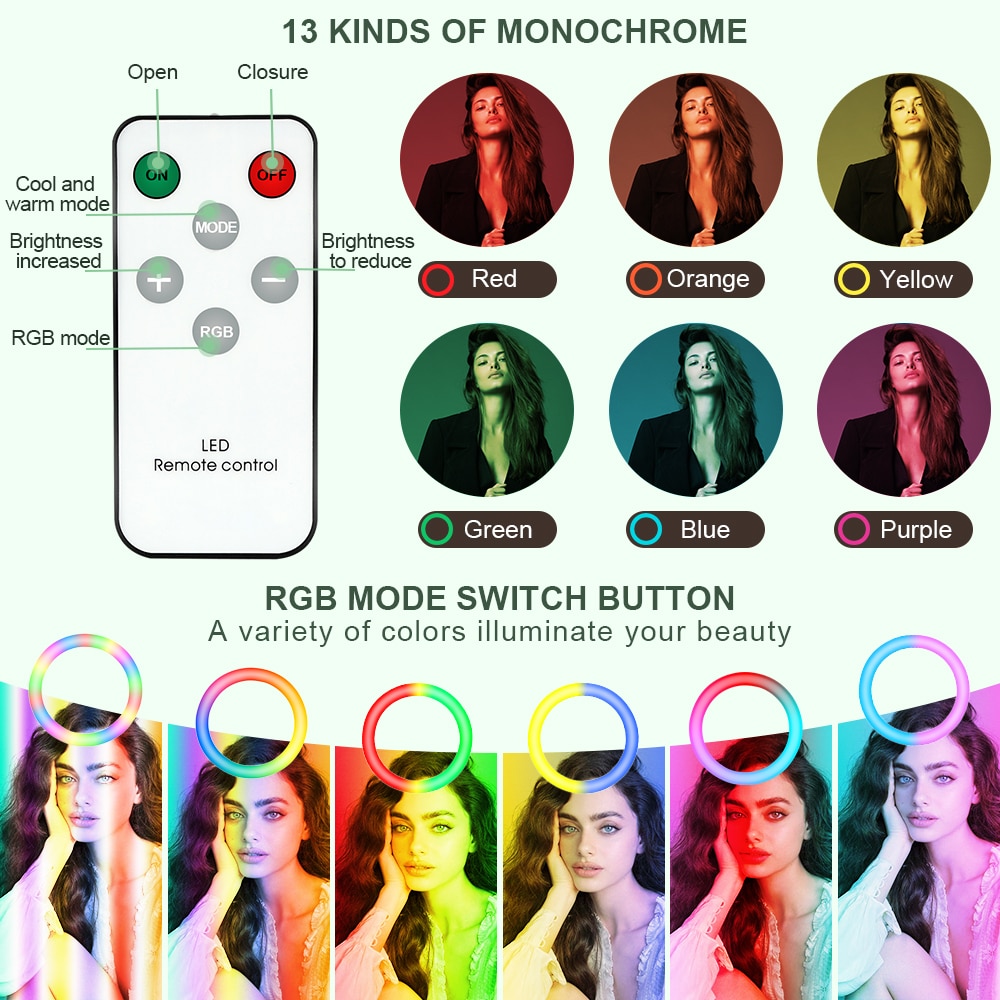 16 Inch Rgb Ring Licht Led Selfie Ring Licht Met 3 Telefoon Clips 200Cm Statief Stand Fotografische Verlichting Video live Vullen Lamp