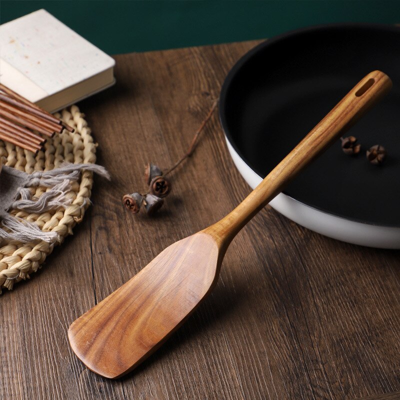 Teak Spatula Long Handle Solid Wood Leaky Spatula Acacia Wood Household Non-stick Frying Pan Spatula Kitchen Tools