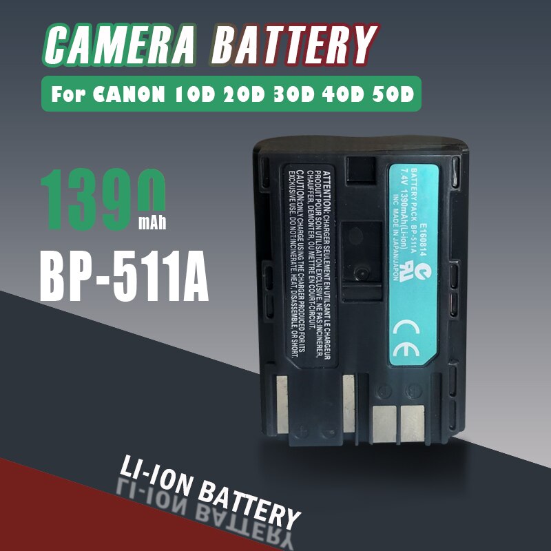 1390mAh BP-511A For Canon Camera Rechargeable Battery 7.4V EOS D30 D60 10D 300D 20D 30D 40D 50D PowerShot G1 G2 G3 MV600i Pro1