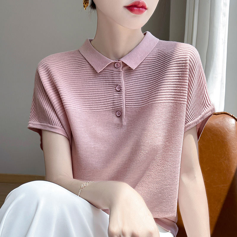 Dames T-Shirt Zomer Kammen Gebreide T-Shirts Casual Effen Trui Polokraag Blouse Met Korte Mouwen Dames Kleding Losse Tops