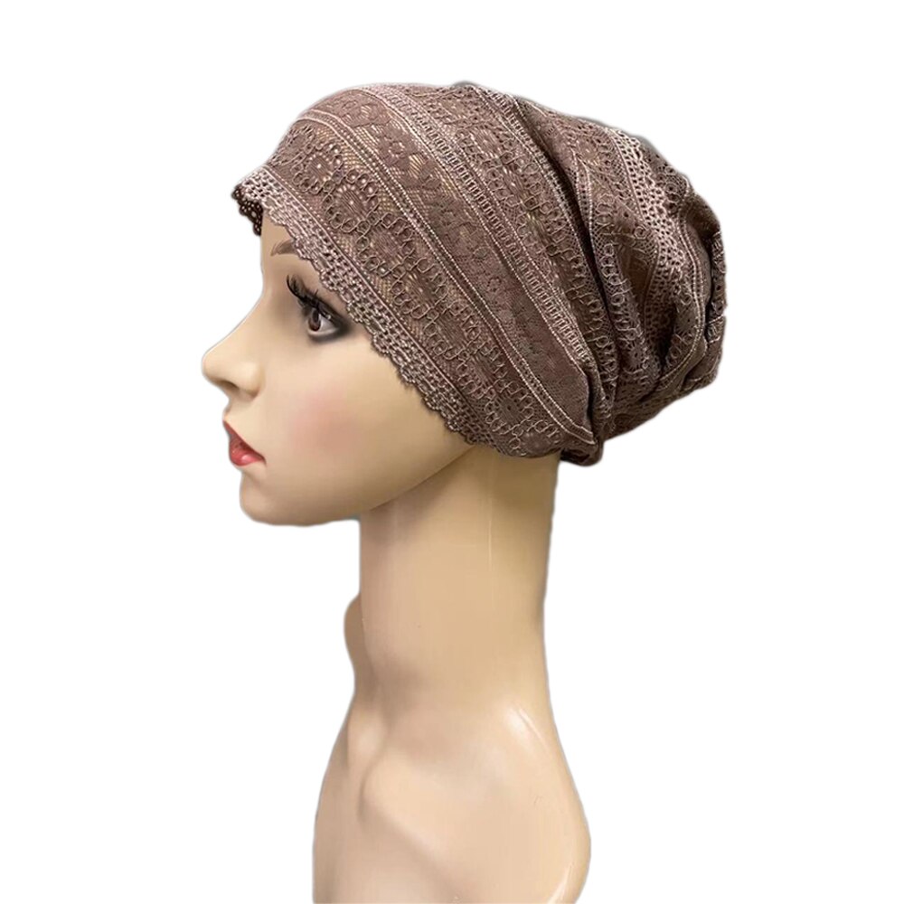 Gorro de tubo de cobertura completa para mujer, gorro interior musulmán con flores de encaje, pañuelo para la cabeza, sombrero islámico árabe, gorrito indio, turbante: 04 Brown