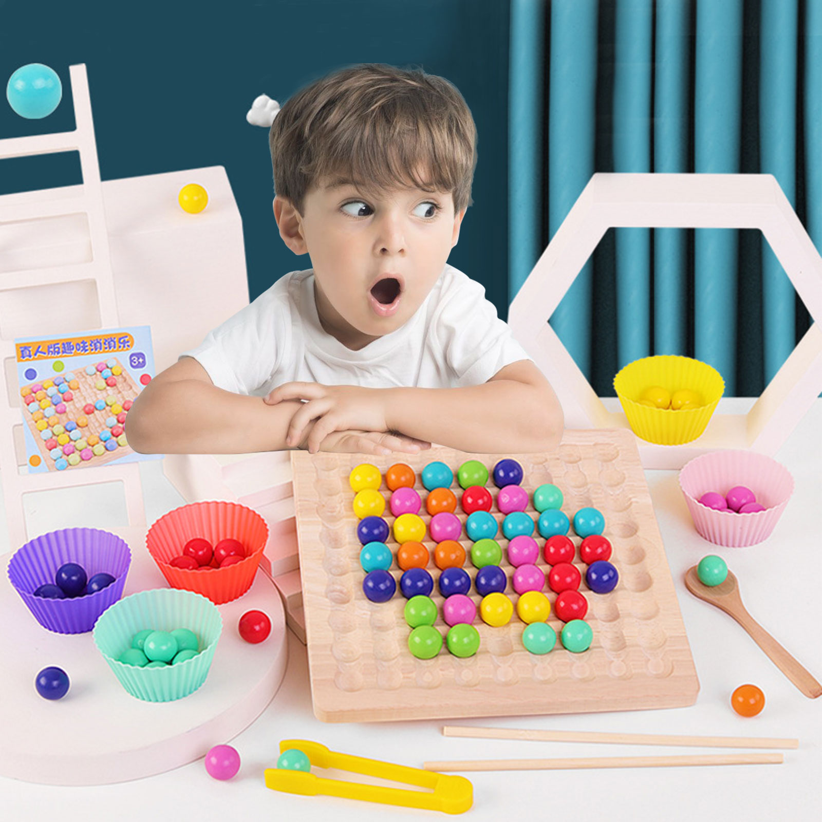 Wooden Rainbow Ball Elimination Game Kids Adults Interaction Puzzle Chess Board Games Set with Clip Spoon Xmas for Children