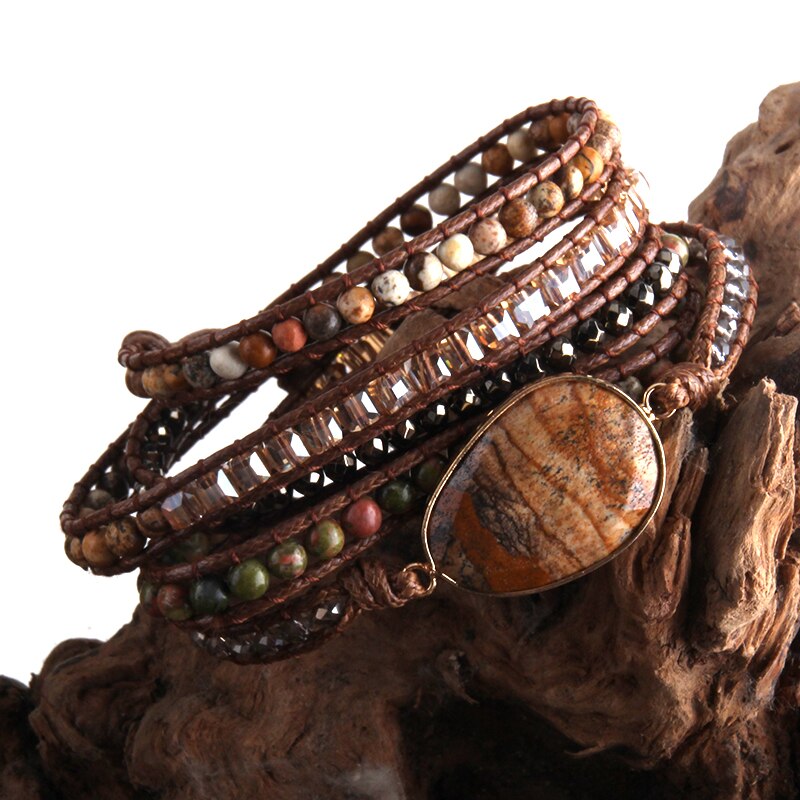 RH Boho Beaded Bracelet Handmade Mixed Natural Stones & Crystal Stone Charm 5 Strands Wrap Bracelets