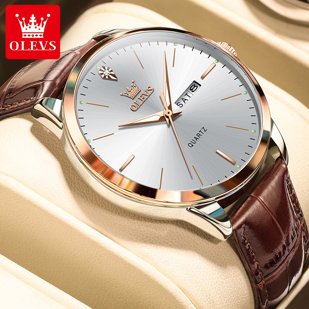 OLEVS 2935 Dual Kalender Quartz Jurk Horloge Voor Mannen Eenvoudige Originele Lederen Man Horloges Waterdichte Lichtgevende Zakelijke Hand Klok: Multicolor