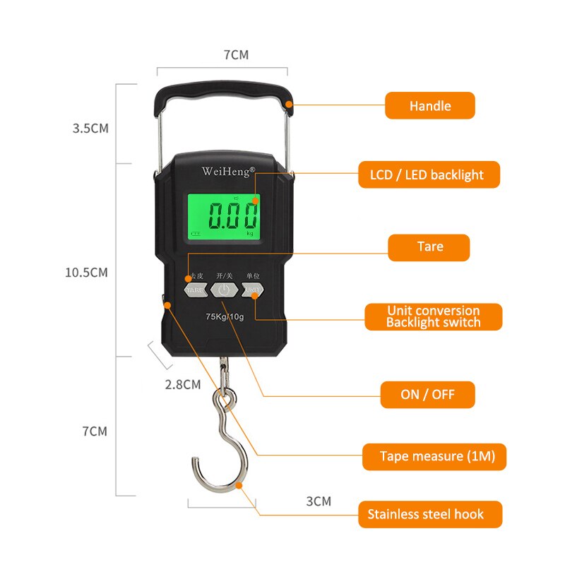75Kg/10G Portable Hanging Scale Digital Display Charging/Battery Models Fishing Luggage Travel Weighing Electronic Hook Scale