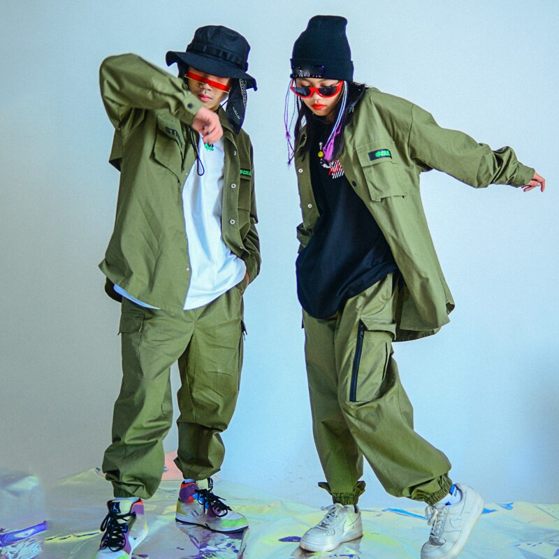 Costume de danse Hip-Hop pour enfants, veste verte, pantalon Hip-Hop, vêtements de danse moderne Jazz Street Dance, tenues de scène, DQS6012,