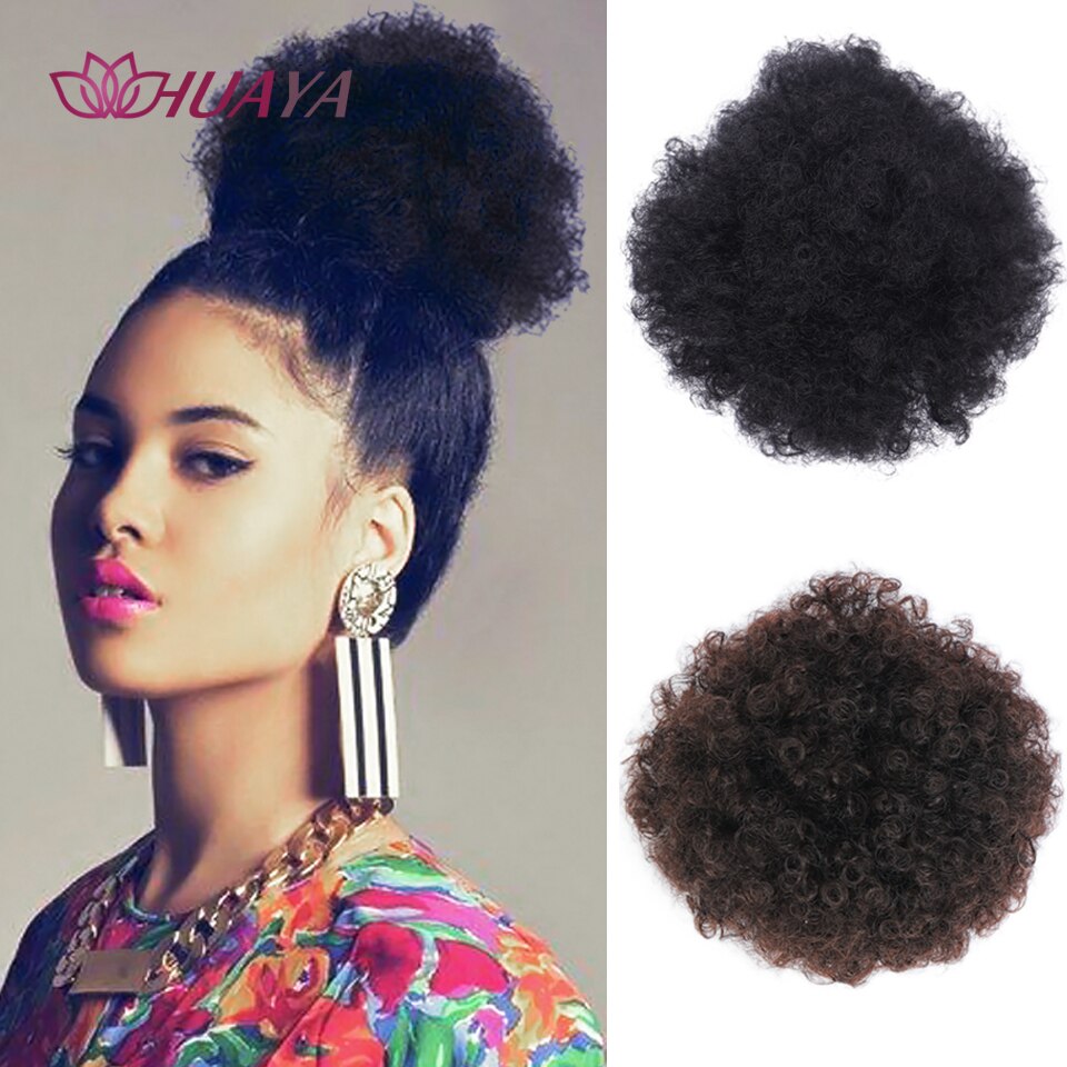 HUAYA Synthetic Puff Afro Bun African American Kinky Curly Clip Extension Girl Updo Chignon Drawstring Hairpiece