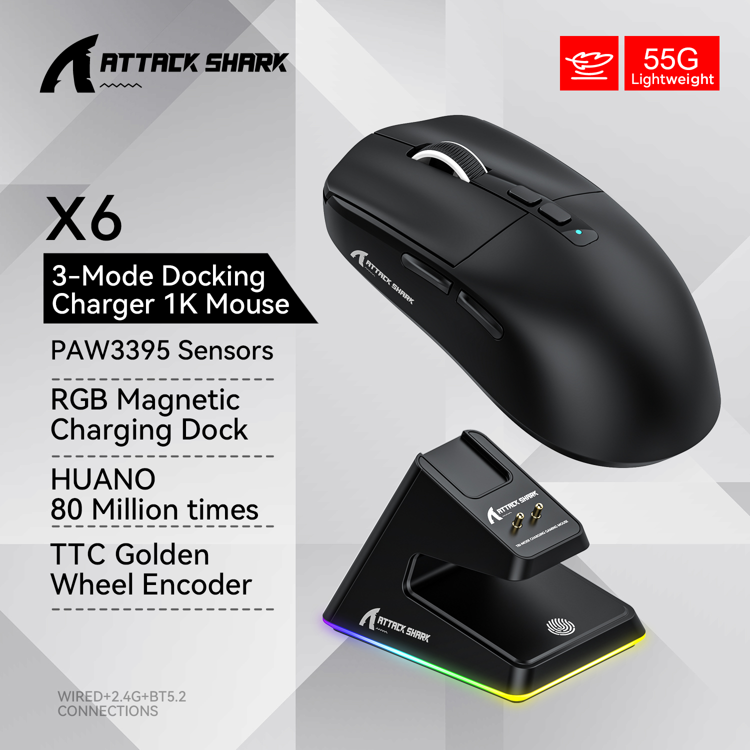 attacco squalo X6 topo da gioco ergonomico senza fili DPI regolabile cablato 2.4G/Bluetooth topo ricaricabili ad alta precisione
