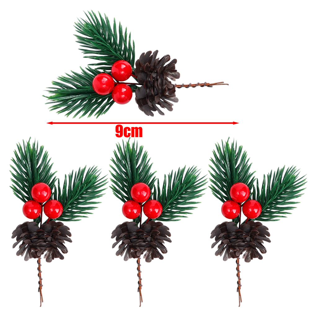 Artificial Pine Needle Berry Branch Pinecone Christmas Ornament DIY Xmas Tree Wreath Decorations Year Party Decors Supplies: M / black