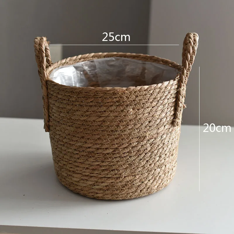Natuurlijke Rieten Plantenbak Mand Bloempot Rotan Stro Bloemenmand Voor Huis Tuin Decoratie 20/25/30CM: WIT