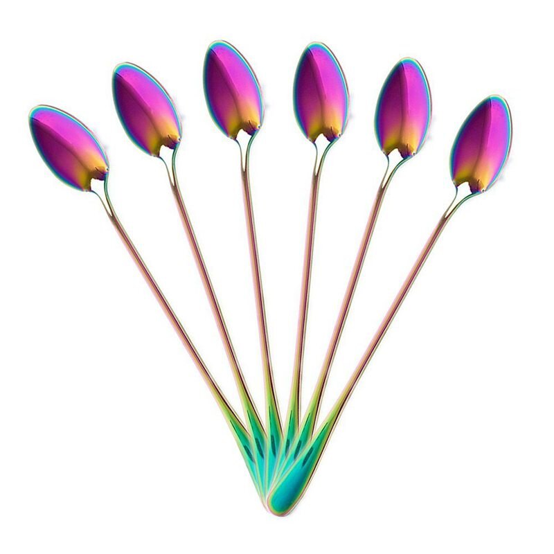 Coffee Teaspoons, Set of 6 Rainbow Color Coffee Spoon Long-Handle Ice Cream Desert Spoon Cocktail Stir Spoons Mixing Spoon, Poin