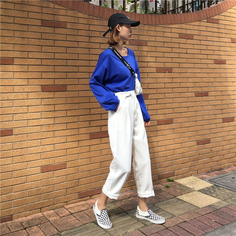 Kvinder harem jeans bukser høj talje løse hvide denim mom jeans kvindelige sorte knapper bukser forår streetwear: Hvid / S