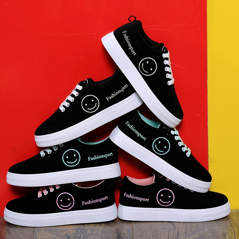 Women Canvas Shoes Summer/Autumn Flats Women Canvas Shoes Classic Lace Up Smiley Face Walking Women Sneakers