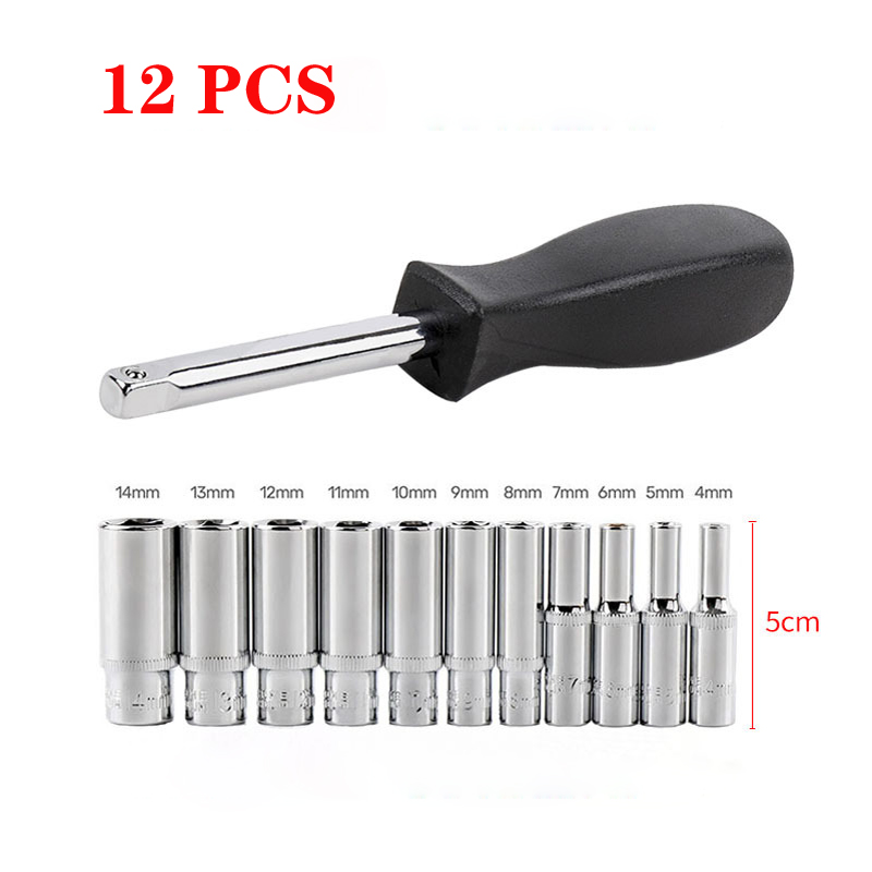 1/4" Drive Inch Hex Socket Wrench Head 25mm/50mm Long 6 Point Socket Set 4-14mm Nut Driver Wrench Ratchets Extension Socket Bar: 12PCS -50mm length