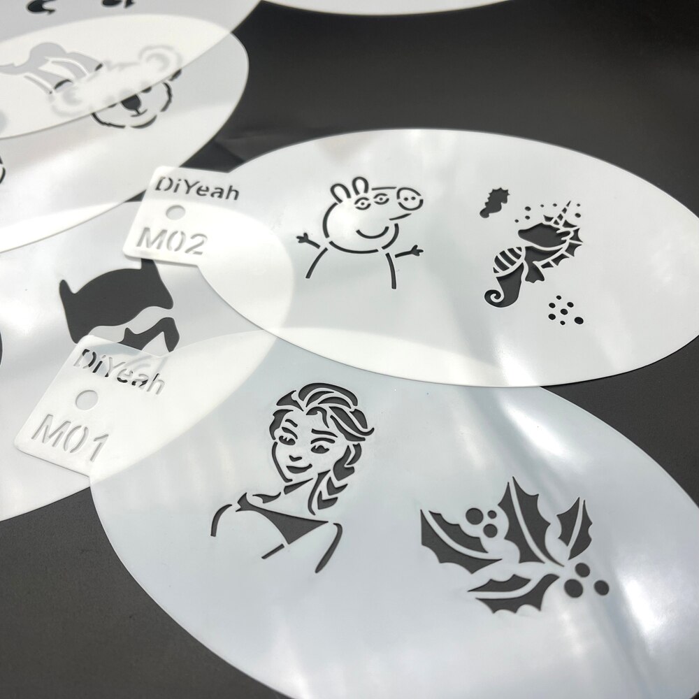Plantillas para pintar cara y cuerpo, 9 piezas, corona de princesa de dibujos animados, natación, sirena, unicornio, cuerno, perro, maquillaje de Halloween, plantilla de arte, maquillaje
