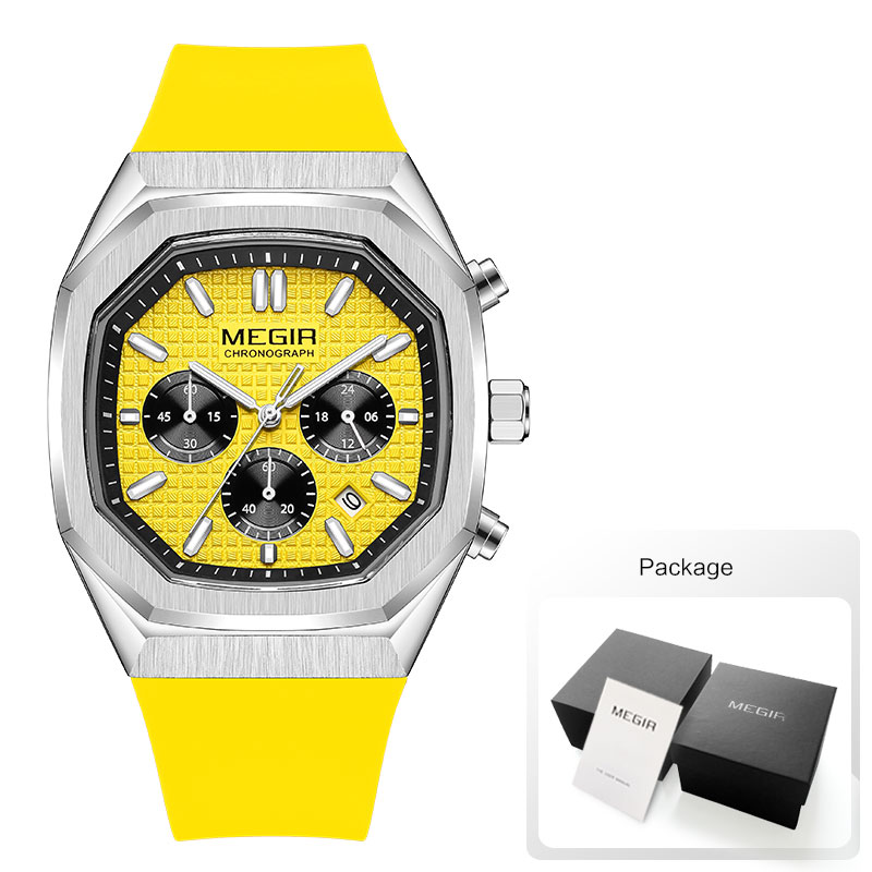 Megir heren waterdicht horloge met achthoekige wijzerplaat, chronograaf, quartz polshorloge met olijfgroene siliconen band, datumweergave en lichtgevende wijzers 2215: Groente
