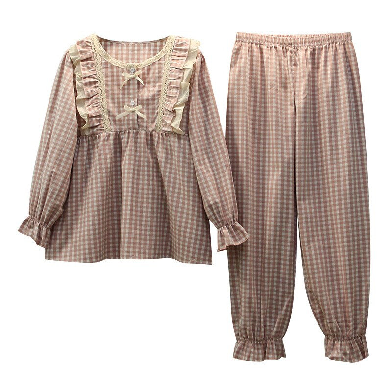 Vintage Cotton Women's Pajamas Sets Long Sleeve Ankel-length Girls Plaid Nightwear Spring Summer Loose Sleepwear Suits