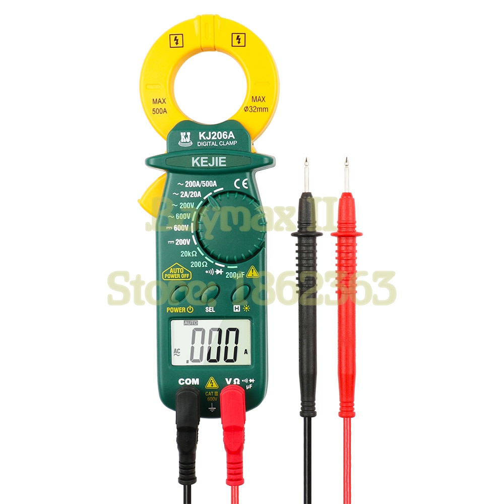 KJ206A AC 500A Mini Digital Clamp Meter Multimeter with AC/DC Voltage, Resistance, Capacitance, Continuity Measurement