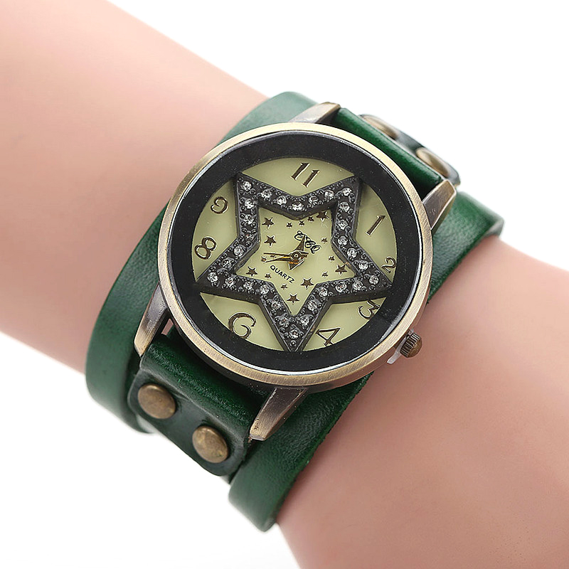 Jessingshow Dames Quartz Horloge Eenvoudige Digitale Wijzerplaat Mode Vijfpuntige Ster Lederen Band Horloge Casual Wear Klok Reloj Mujer: Green
