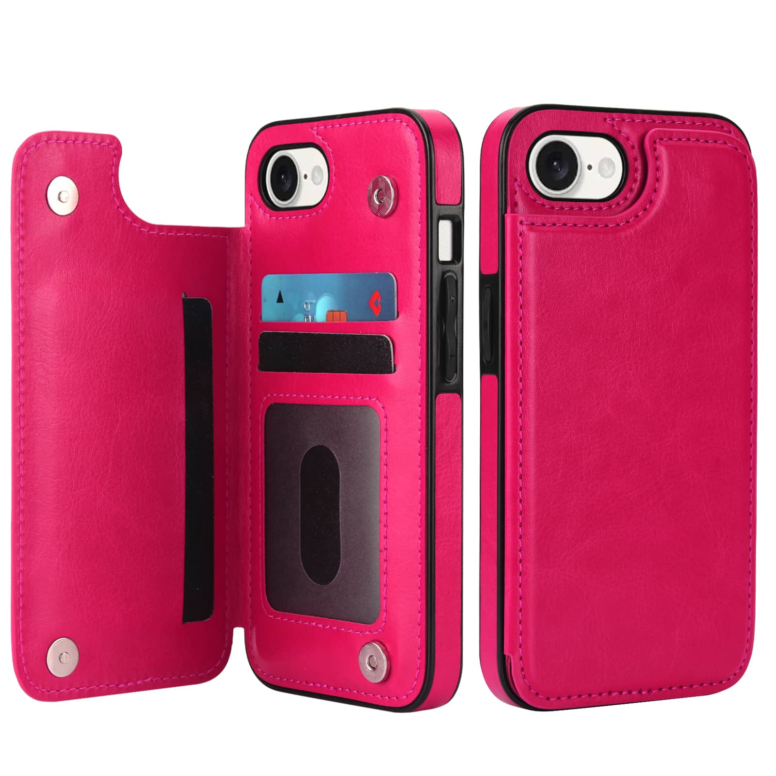 For iPhone 16e Wallet Case With Card Holder, PU Faux Leather Kickstand Card Slots,Double Magnetic Clasp Durable Cover: Hot Pink