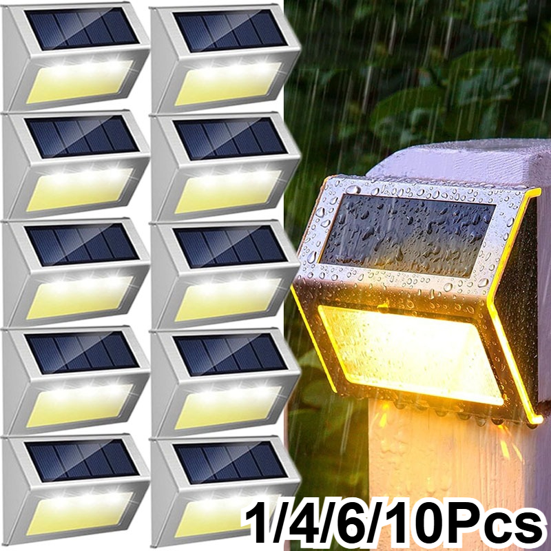 Luzes de cerca ao ar livre 6led movido a energia solar deck luzes à prova dwaterproof água lâmpadas parede segurança aço inoxidável para passo passarela pátio jardim