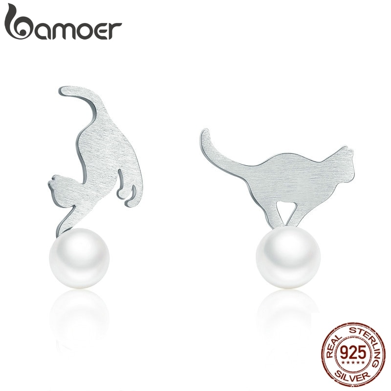 Bamoer 100% 925 sterling sølv fræk kat spille bold øreringe kvinder sterling sølv øreringe smykker sce 235