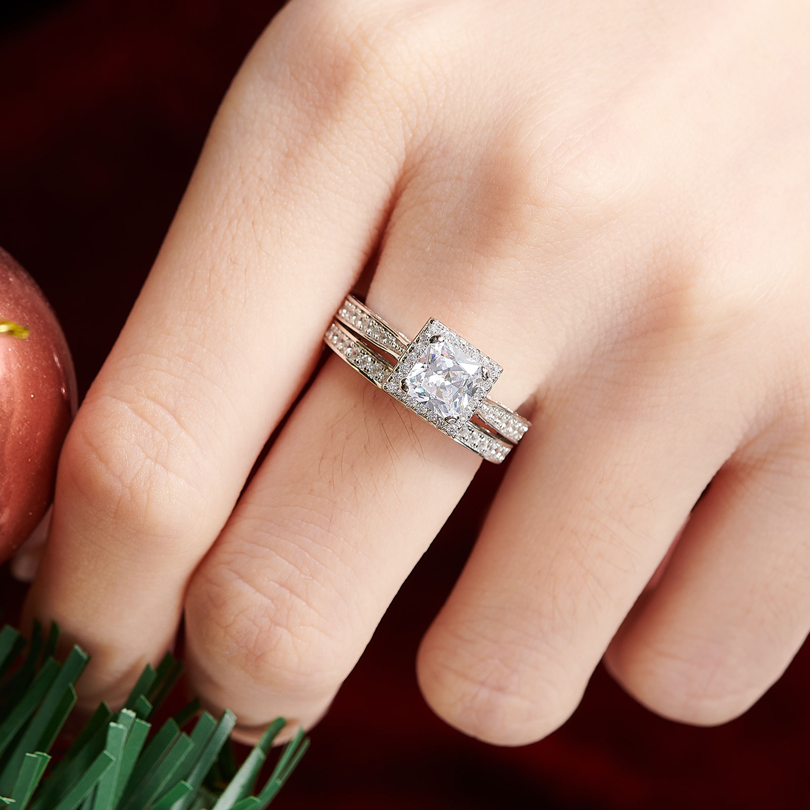 Newshe 2-teiliges Ehering-Set aus echtem 925er-Sterlingsilber, klassischer Schmuck, 0,8 Karat, Princess-Schliff, AAAAA-CZ, Verlobungsringe für Frauen