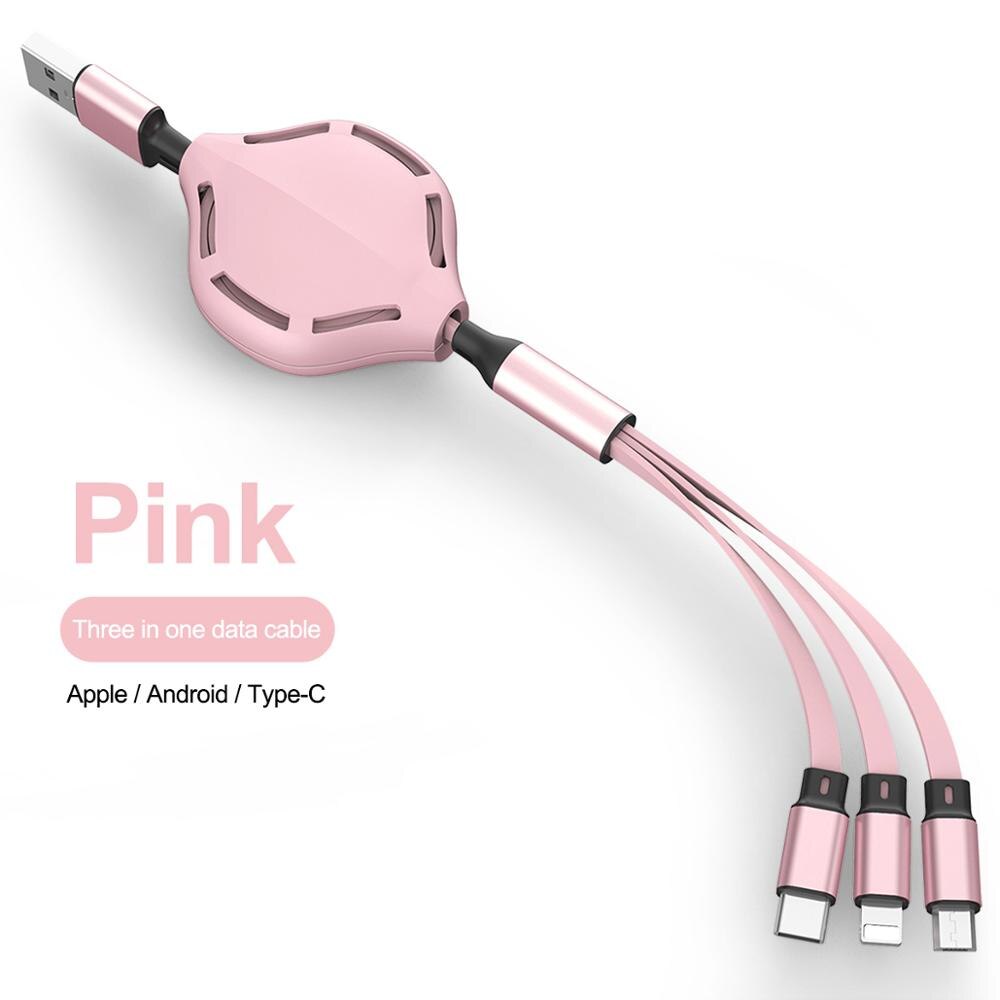 Rétractable 3in1 2in1 USB Type C Micro USB 8 broches câble pour iPhone Huawei chargeur câble 110cm 2A charge rapide USB C câble: Rose