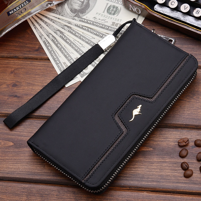 Men&#39;s Leather Wallet Zipper Long Purse Big Capacity Clutch Phone Bag Wrist Strap Coin Purse Card Holder For Male