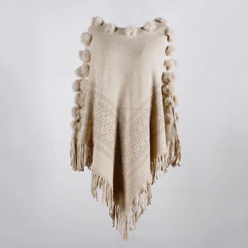 Dam cape kappa tofs stickad poncho lös pullover tröja kappa sjal höst vinter toppar kvinnliga solida ponchos med hårboll: Lätt khaki