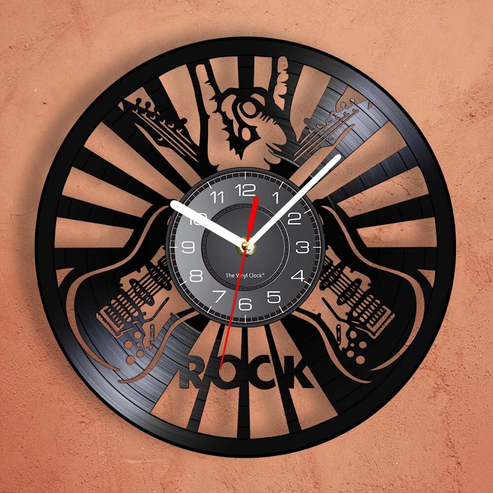Rock Hand Sign Wall Art Wall Clock Music Room Wall Decor Vinyl Record Clock Rock Music Lover Guitar Players Guitar Ornament