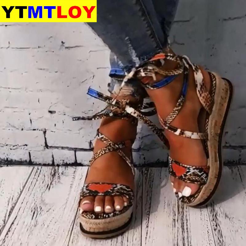 Kilehæle stor størrelse 43 snørebånd slangetrykt sommer ins sko kvinder sandaler gladiator platform